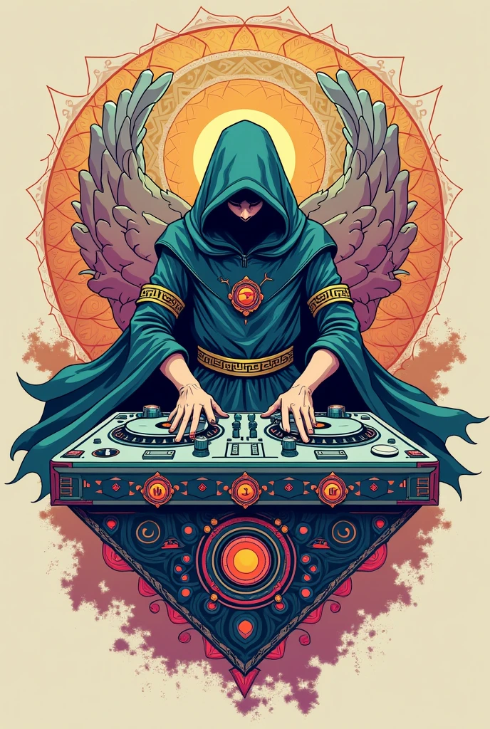 A DJ's equipment as a set of ancient runes, each symbol holding the power to evoke different emotions and reactions through music. with light color background for t-shirt design