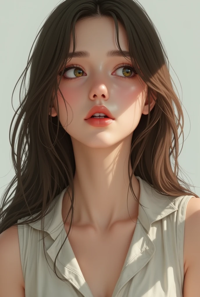 a realistic young woman with long hair, smooth and brown. She has big light colored eyes, which appear to be green or hazel, and her eyelashes are long and defined. His facial expression is neutral, looking up as if focusing on something above her.
The skin is clear, with a uniform tone. Their lips are medium sized and closed., with a slight downward curve, which gives it a thoughtful or introspective expression.
She is wearing a white sleeveless blouse and sexy legs and light green dress pants that are not too wide., In addition to some black heels that highlight her feet