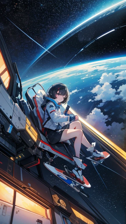 (((masterpiece))), (((Highest quality))), ((Very detailed)), (Highly detailed CG illustrations), ((Very delicate and beautiful)),(From the side),Cinematic Light,A girl climbs into the cockpit、Black Hair、long、Boarding a small spaceship，In the cockpit，Starry Sky, Big Clouds,colored glaze,Golden Universe，Space Station、Preparing for takeoff、Spacesuit、Aiming for Andromeda、Toa Heavy Industries decals、Lonely smile，A cable connects the body to a small spacecraft、Close the hatch，Complex Instrumentation
