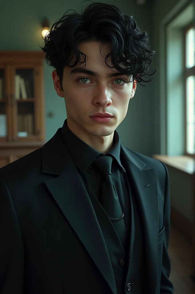 Young man, wavy black hair, white complexion, cold and captivating gaze, green eyes, hard and attractive features, inside the position classroom at Hogwarts. Dressed in an elegant black suit, he exudes an air of power and mystery. This vivid portrait, whether painted