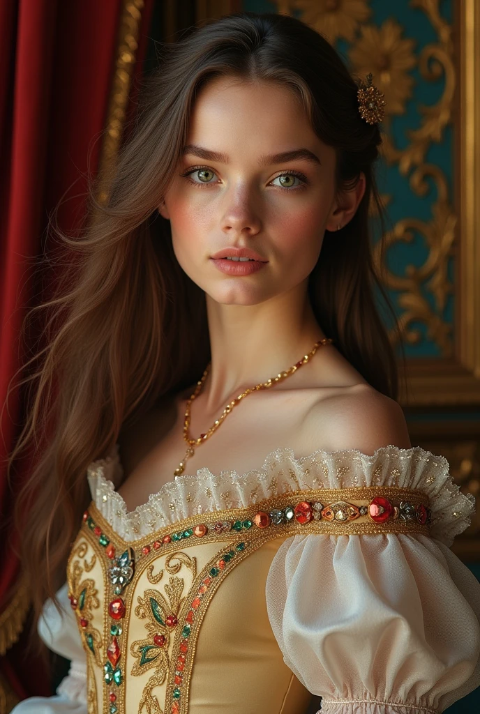 Brown hair green eyes European and American girl wearing royal princess dress。