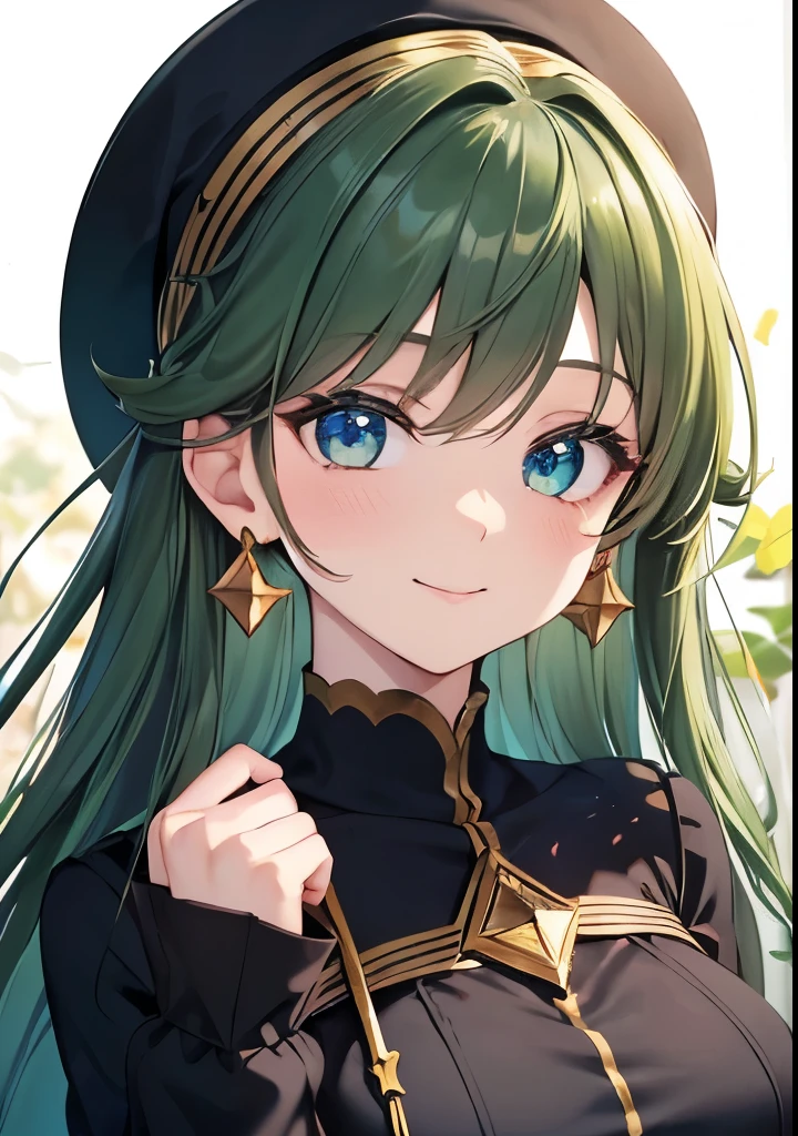 ((dark dark green hair color emphasis)), looking front, upper body image, hands on head in rabbit pose, beautiful 5 fingers, (dark dark green hair color emphasis), long straight hair, cute shaped round eyes (droopy), big blue eyes, kind and pretty face, autumn Gothic Cordage, Cute Hat, Mouth Closed Smiling, Big Golden Star Earrings, Golden Hairpin, Glittering Eyes, Aquarium, Focus on Face, Fresh Smile, Green Floral Hoodie, (High Quality, Golden No.5 Earring, Blue Eyes, Face-Up), Small Breasts, Hands, Shadowless Background, High Definition, Focus on Face.