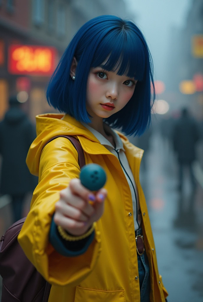 One with dark blue hair and a yellow raincoat with a button key in her hand