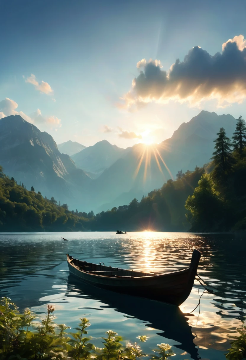 a pescador fishing with a rod in a beautiful lake, birds flying around, dawn lighting, sun rising on the horizon, mountains in the background, magical summer scene, tranquility, peace, (best quality,4k,8k,highres,masterpiece:1.2),ultra-detailed,(realistic,photorealistic,photo-realistic:1.37),stunning lake landscape,serene atmosphere,warm golden hour lighting,dramatic sky with clouds,detailed fishing boat,intricate bird shapes,lush green foliage,towering mountain peaks,golden sun rays,reflective lake surface,calming water ripples,picturesque vista,idyllic summer day