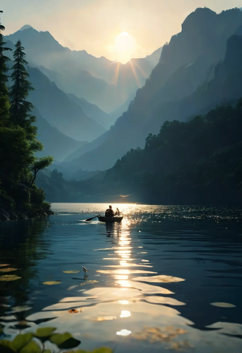 a pescador fishing with a rod in a beautiful lake, birds flying around, dawn lighting, sun rising on the horizon, mountains in the background, magical summer scene, tranquility, peace, (best quality,4k,8k,highres,masterpiece:1.2),ultra-detailed,(realistic,photorealistic,photo-realistic:1.37),stunning lake landscape,serene atmosphere,warm golden hour lighting,dramatic sky with clouds,detailed fishing boat,intricate bird shapes,lush green foliage,towering mountain peaks,golden sun rays,reflective lake surface,calming water ripples,picturesque vista,idyllic summer day