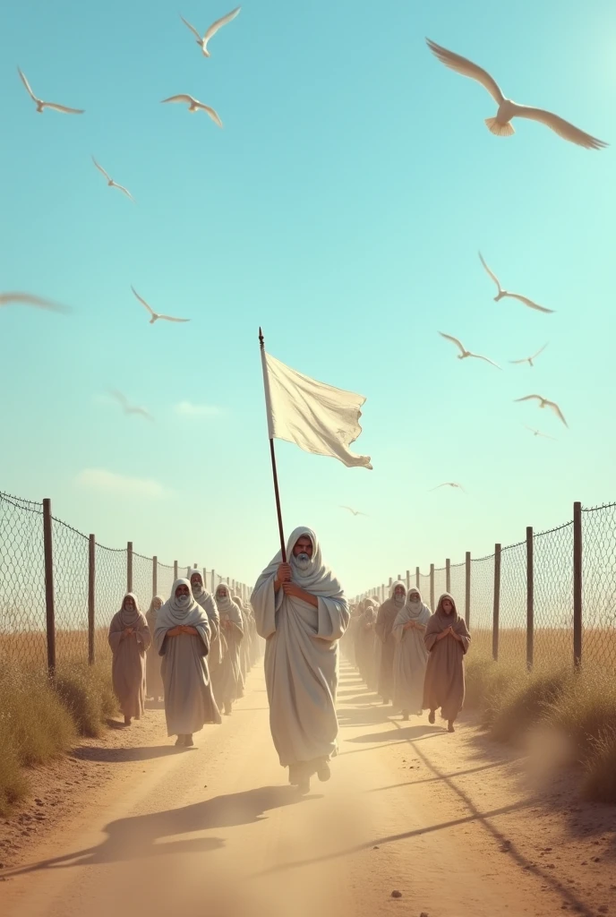 Dozens of people walking and praying on a dirt road with a wire fence on the left side and on the right side with a blue sky, birds in the sky, a person in front carrying a white flag.