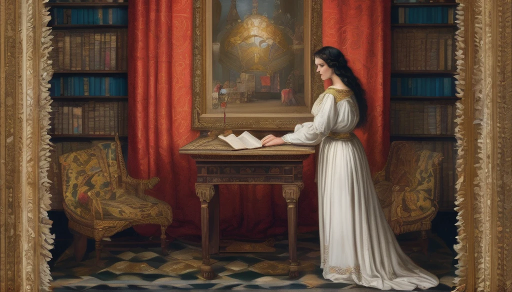 Marie Anne lenormand, white woman with black curly hair, vestida con tunicas de colores claros, sentada en meson leyendo el tarot a Napoleon Bonaparte, en el fondo una gran biblioteca medieval ,Beautiful line art photo,Use gold strokes and rainbow paint,Golden Maiden,the golden ratio,Melted wax,Visible brush strokes,surrounded by crystal spheres,3D Mosaic Wireframe,neuroimaging,neurons,colours,california,intense emotion,oil on canvas,Thick strokes,insanely details,8k ultra high definition,tmasterpiece,art station