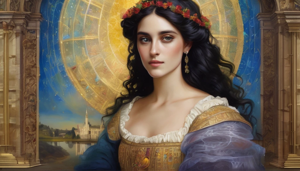 Marie Anne lenormand, white woman with black curly hair, vestida con tunicas de colores claros, sentada en meson leyendo el tarot a Napoleon Bonaparte, en el fondo una gran biblioteca medieval ,Beautiful line art photo,Use gold strokes and rainbow paint,Golden Maiden,the golden ratio,Melted wax,Visible brush strokes,surrounded by crystal spheres,3D Mosaic Wireframe,neuroimaging,neurons,colours,california,intense emotion,oil on canvas,Thick strokes,insanely details,8k ultra high definition,tmasterpiece,art station