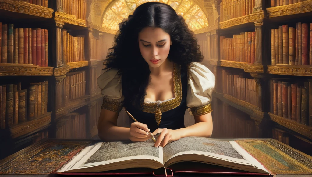 Marie Anne lenormand, white woman with black curly hair, vestida con tunicas de colores claros, sentada en meson leyendo el tarot a Napoleon Bonaparte, en el fondo una gran biblioteca medieval ,Beautiful line art photo，Use gold strokes and rainbow paint，Golden Maiden，the golden ratio，Melted wax，Visible brush strokes，surrounded by crystal spheres，3D Mosaic Wireframe，neuroimaging，neurons，colours，california，intense emotion，oil on canvas，Thick strokes，insanely details，8k ultra high definition，tmasterpiece，art station