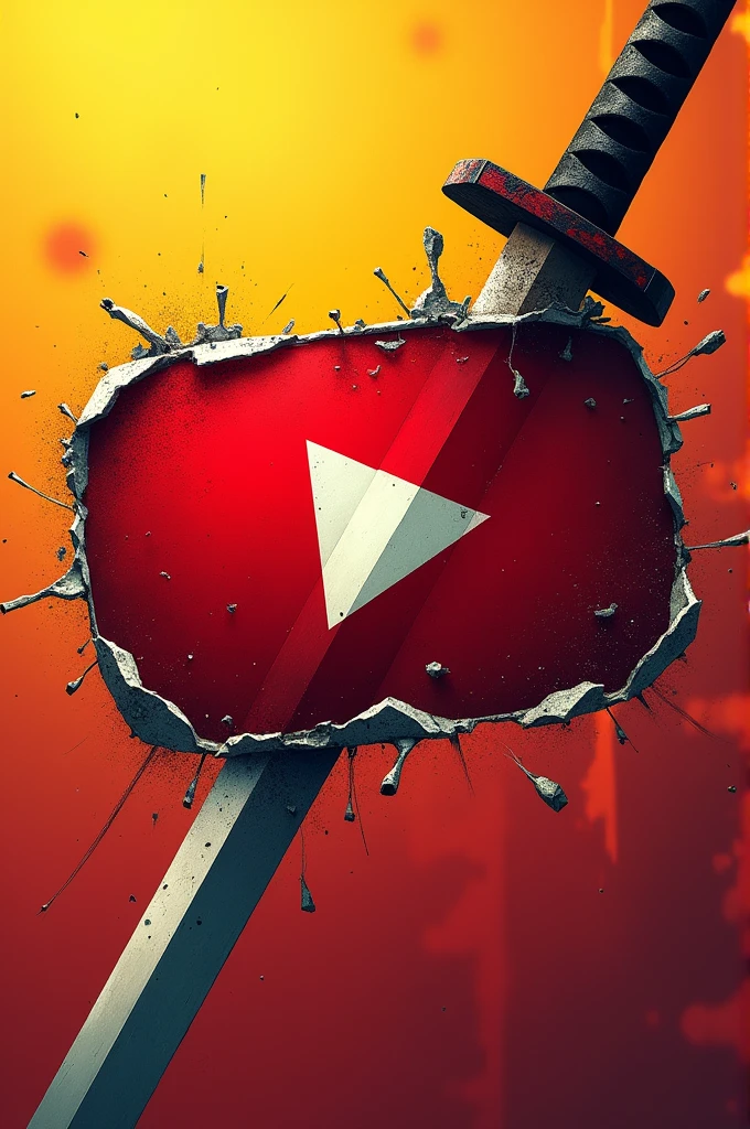 a logo for YouTube that is a sheet of paper being ripped in half by a katana with yellow and red colors
