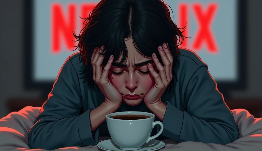 Illustration of hands holding a tired head: With a cup of coffee beside him and an expression of deep exhaustion, with a background of a Netflix series screen: Blurry, suggesting an attempt to ignore fatigue.