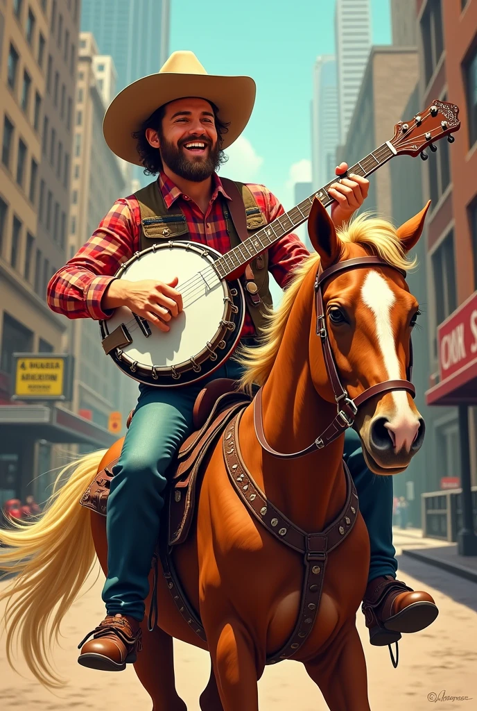 Album cover happy cowboy playing banjo riding horse Among the city 