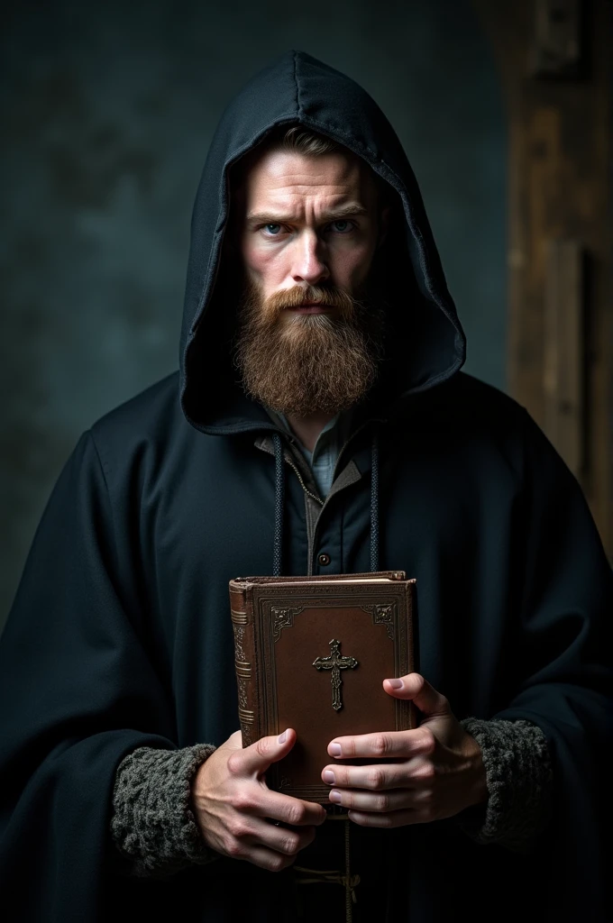 Front portrait of a mysterious and handsome 22 year old Viking man. He's muscular, with medium length brown beard, wearing a dark hooded cloak. The environment is dark and poorly lit, enhancing the air of mystery. He holds a Bible with both hands, with an intense and enigmatic expression.