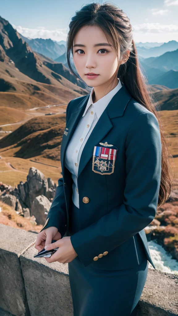 Super detailed, High resolution, Super detaileded, highest quality, wonderful, highest quality,Integrated 8K wallpaper, cinematic lighting, stewardess、20-year-old、Japanese、in mountain