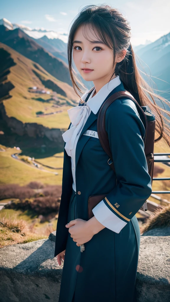 Super detailed, High resolution, Super detaileded, highest quality, wonderful, highest quality,Integrated 8K wallpaper, cinematic lighting, stewardess、20-year-old、Japanese、in mountain