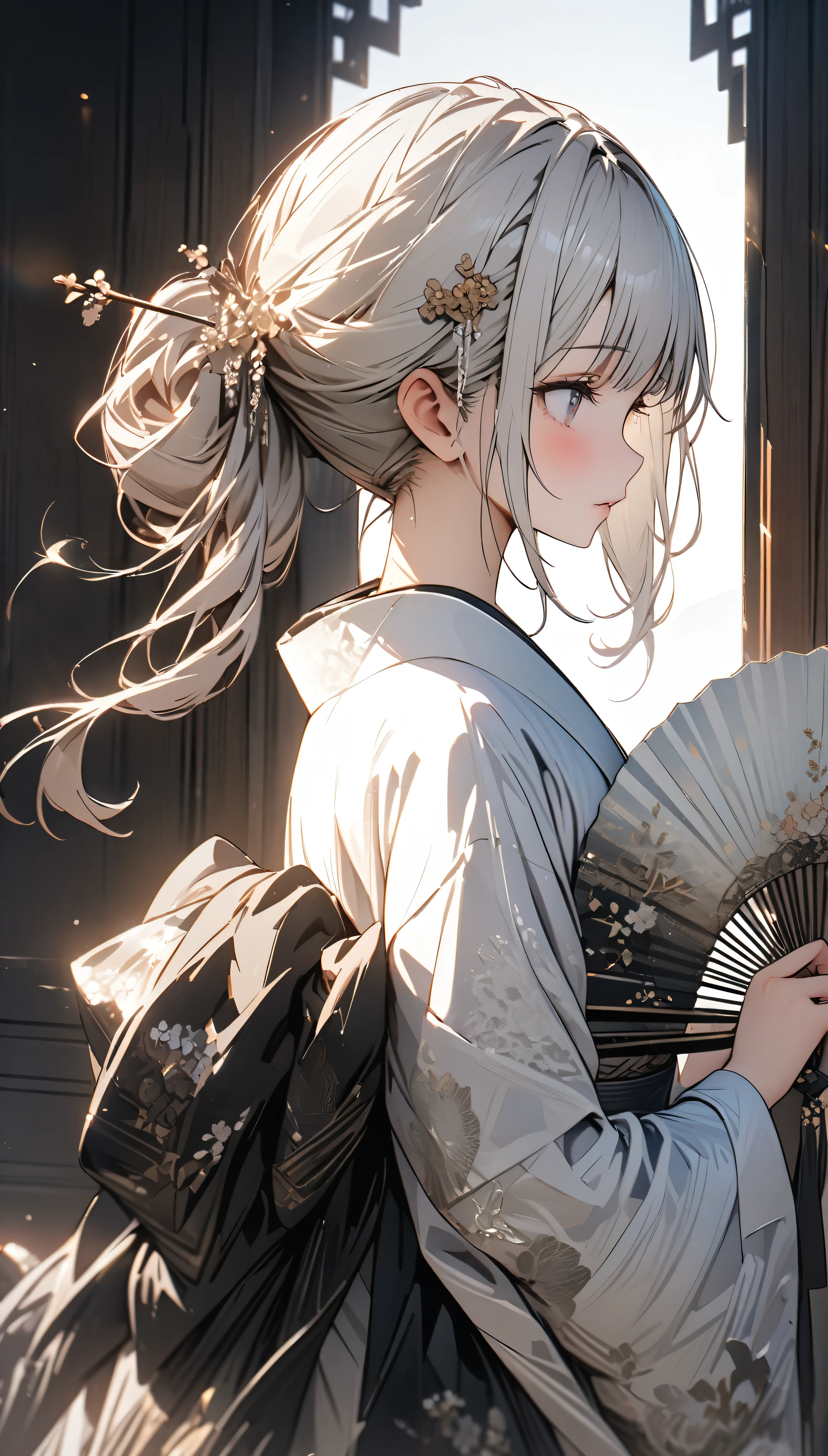 Beautiful kimono girl, White hair tied up with a gorgeous hairpin，Holding White lace folding fan, Beautiful lace fan, indoor, White lace, Very delicate lace, best quality, 4K, 8k, Very detailed, High Detail, masterpiece