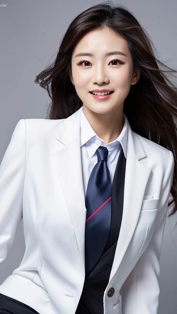 vivid,Normal chest,(between legs)),cute,(Detailed face),tie,White business suit,Business shirts,Ultra-high resolution,（Photorealistic：1.7）,Gray background,Black long hair,