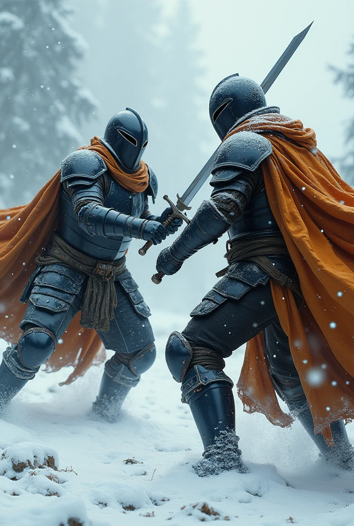 People in black armor with worn orange capes fighting in the snow