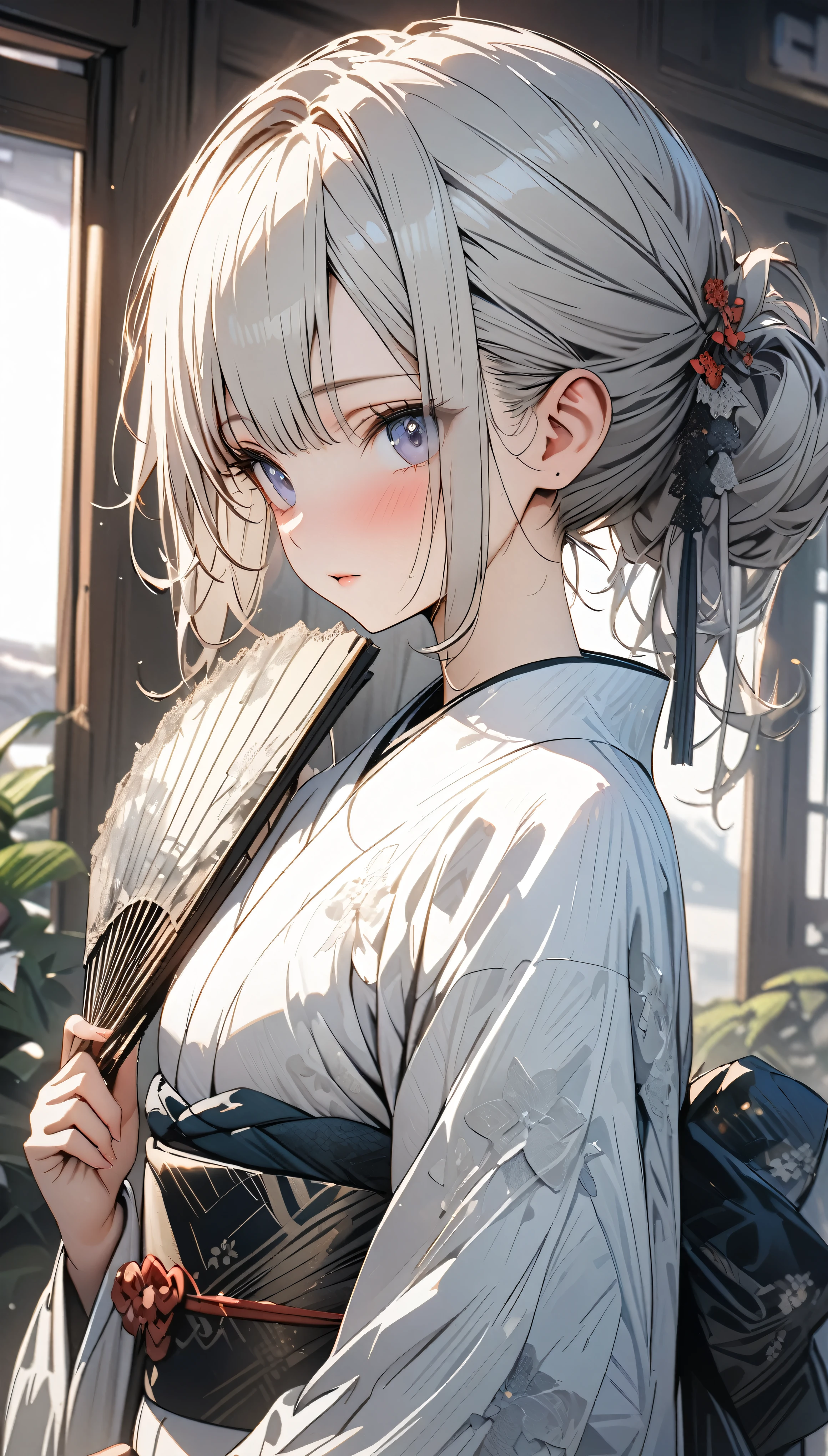 Beautiful kimono girl, White hair tied up with a gorgeous hairpin，Holding White lace folding fan, Beautiful lace fan, indoor, White lace, Very delicate lace, best quality, 4K, 8k, Very detailed, High Detail, masterpiece