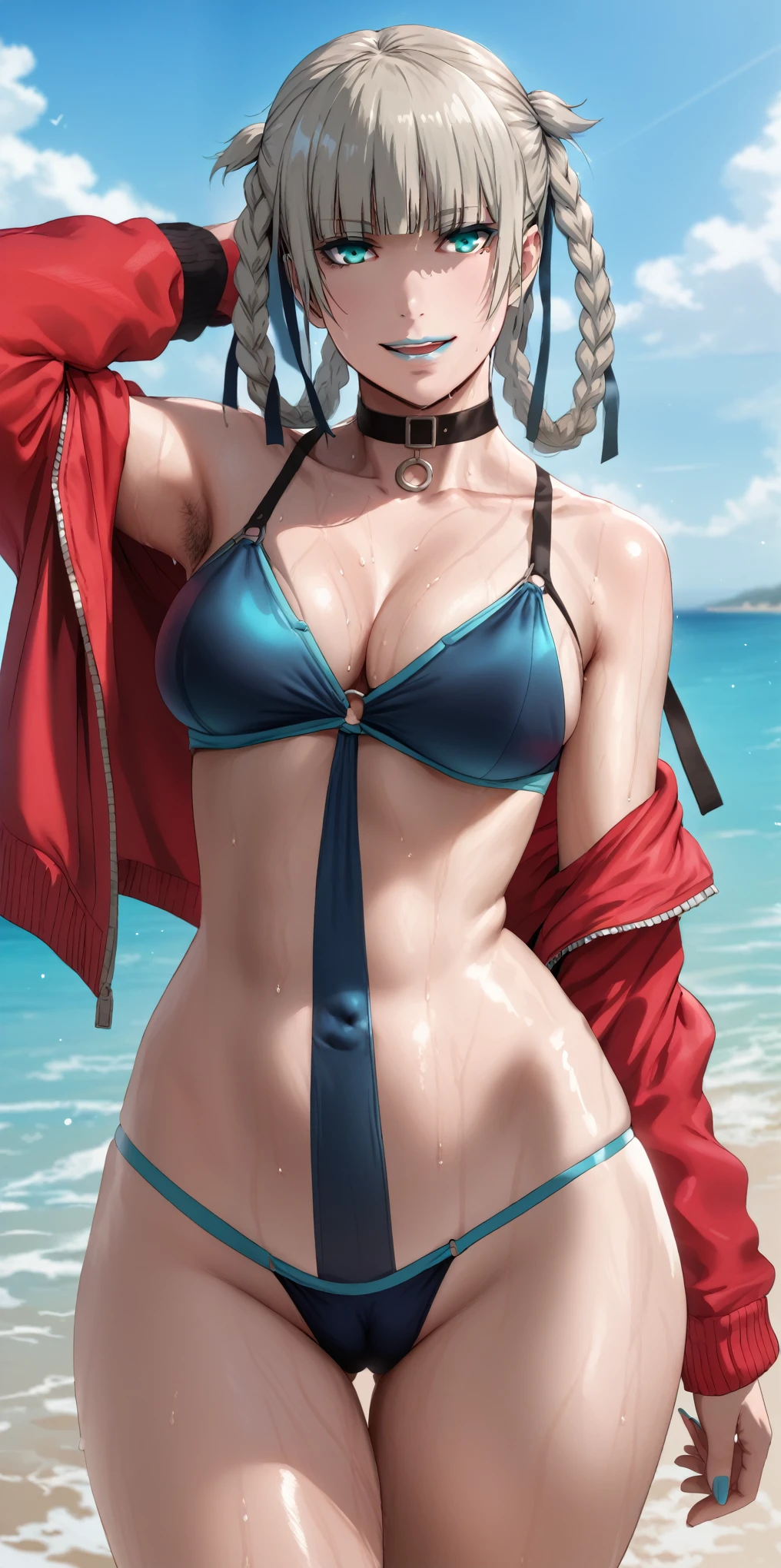 (hews art style:0.7), score_9, score_8_up, score_7_up, score_6_up, uncensored, Kirari, braid, makeup, twin braids, blunt bangs, aqua nails, aqua eyes, blue lips, hair ribbon, grey hair, nail polish, BREAK detailed eyes, (perfect hands, perfect anatomy), detailed skin texture, (blush:0.5), (goosebumps:0.5), subsurface scattering, cinematic, Sharp focus, humorous illustration, big depth of field, Masterpiece, concept art, trending on artstation, Vivid colors, Simplified style, trending on ArtStation, trending on CGSociety, Intricate, Vibrant colors, Soft Shading, Simplistic Features, Sharp Angles, Playful, excessive sweating, sweating profusely, sweating drop BREAK, 1girl,swimsuit, jacket, red_jacket, breasts, bikini, navel, ass_visible_through_thighs, looking_at_viewer, o-ring, sky, choker, thigh_gap, outdoors, solo, cloud, day, collarbone, multi-strapped_bikini, black_bikini, bare_shoulders, open_jacket, open_clothes, off_shoulder, cowboy_shot, black_choker, blue_sky, ocean, cleavage, skindentation, lips, medium_breasts, water, stomach, beach, track_jacket, smirk, upper teeth, shaded face, hollow eyes,
