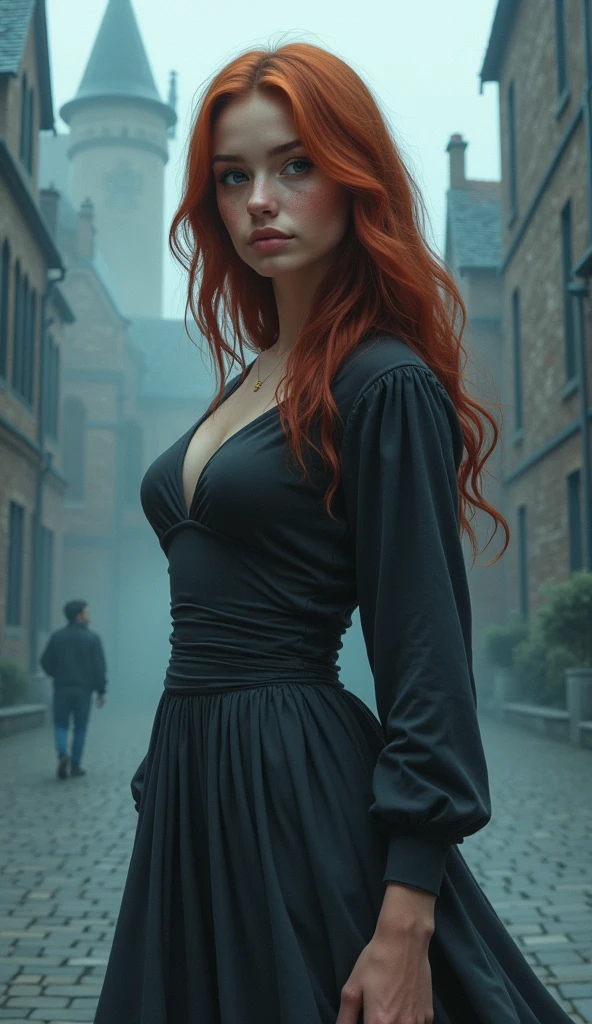 An illustrated movie poster, hand-drawn, full color, a teenage Hogwarts student, 18-years-old, female, wearing a charcoal vest and a pleated skirt, athletic hourglass figure, full wide hips, massive round butt, long shapely legs, ridiculously thick powerful thighs, vibrant eyes, deep dark auburn hair, thick shaggy bangs, flushed sun-kissed complexion, freckles, resembles Karen Gillan, standing in a foggy Hogwarts courtyard, surrounded by mist, graphite shading, stencil marks, airbrushed acrylic paint, masterpiece, close-up shot, in the style of the Deathly Hallows, (Emma Watson:1.4), (Emma Watson V2.1), (Hermione Granger:1.4), high quality, (RAW photo, best quality), (realistic, photorealistic: 1.4), (extremely delicate and beautiful: 1.4), amazing, fine details, masterpiece, ultra detailed, high resolution, best illustration, best shadow, intricate, ( extremely intricate: 1.2), (exquisitely detailed skin), cinematic light, perfect anatomy, (cool color: 1.4), sharp focus, 8k UHD, DSLR, (Fujifilm XT3),