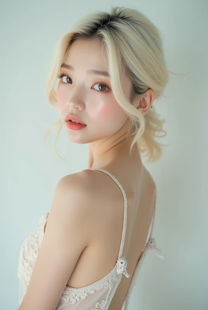 Best Quality, ultra high resolution, 1 girl, naked without clothes, Beautiful, (kpop idol), (Aegyo Sal:1), (platinum blonde hair:1), ((swollen eyes)), looking at the viewer, Whole body, looking ahead