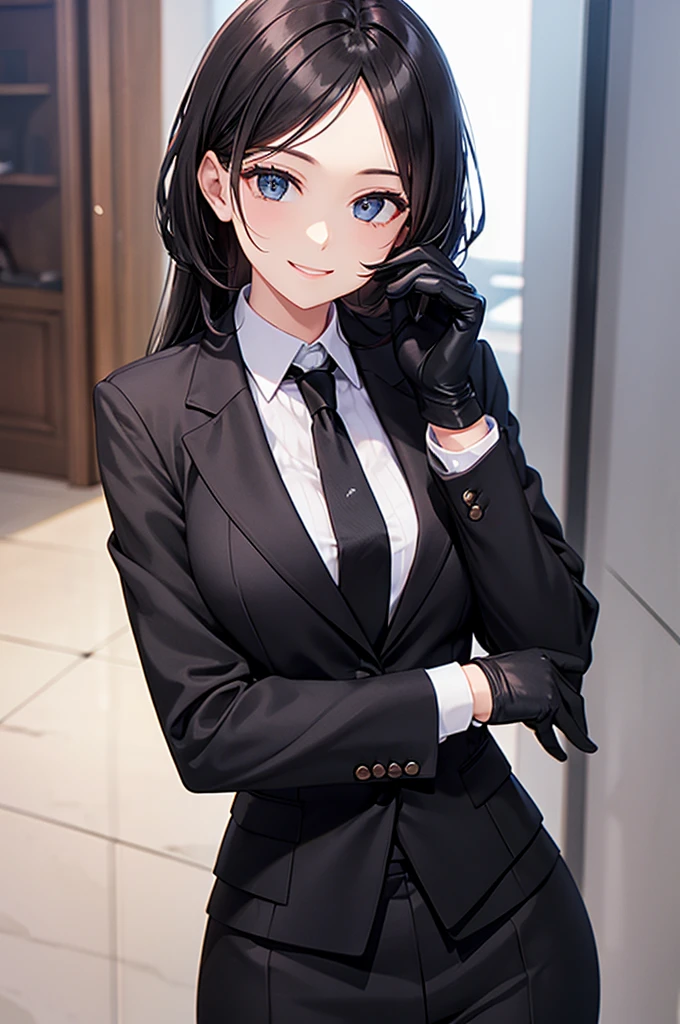 A woman in a black suit　　　tie　smile　Black gloves