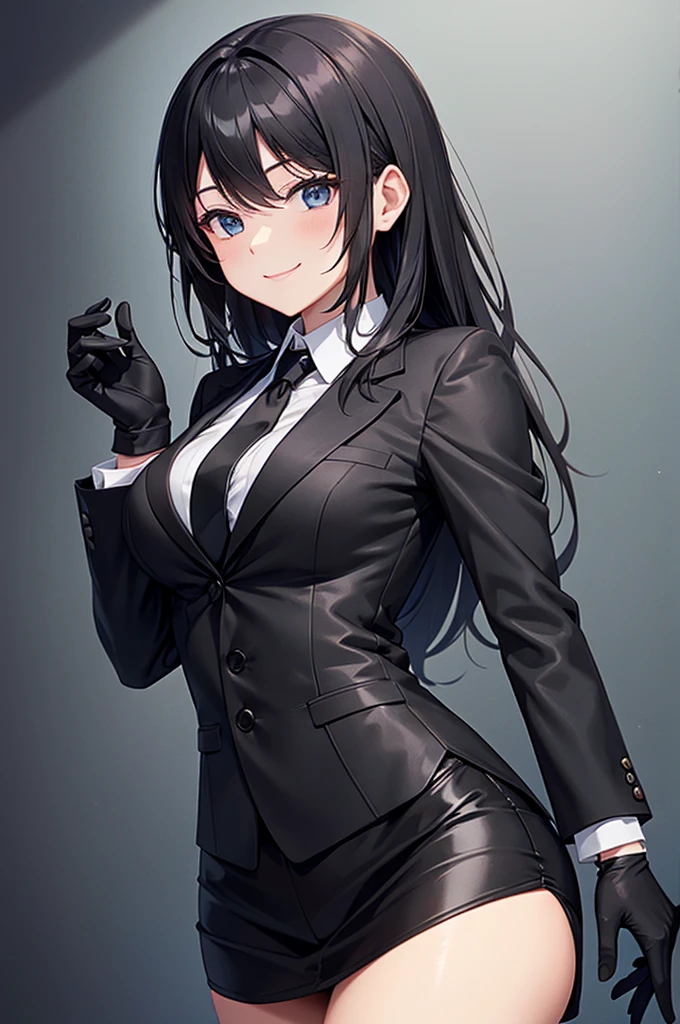 A woman in a black suit tie smile Black gloves