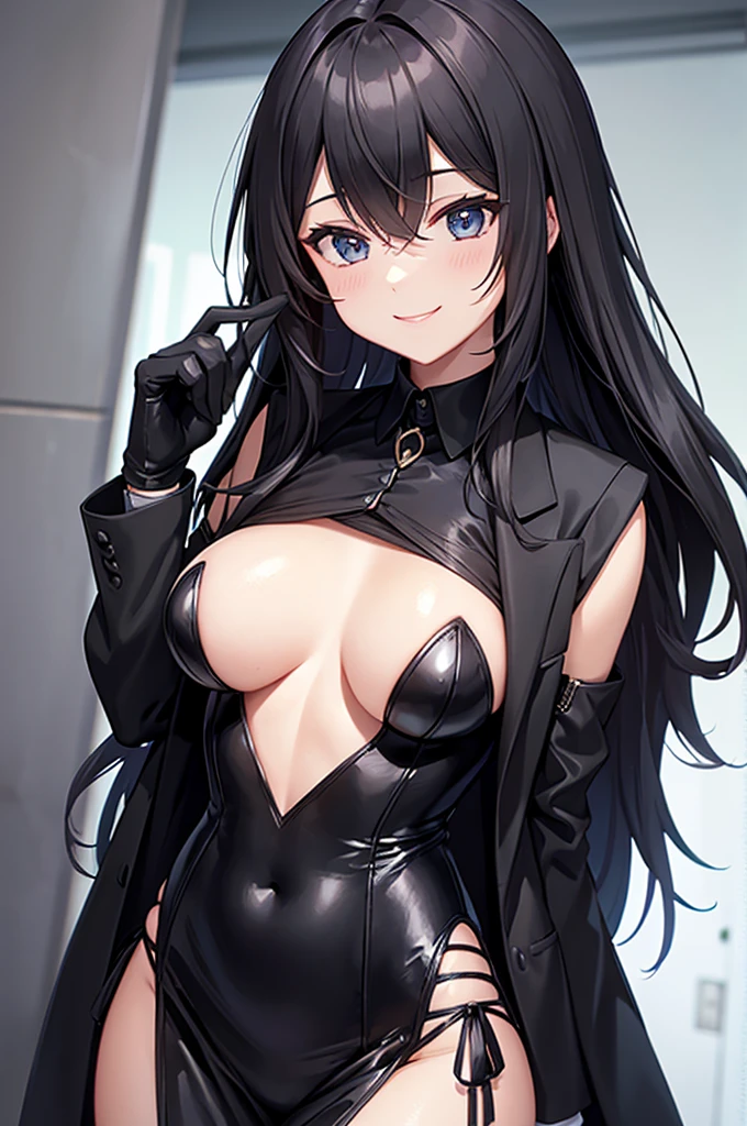 A woman in a black suit tie smile Black gloves
