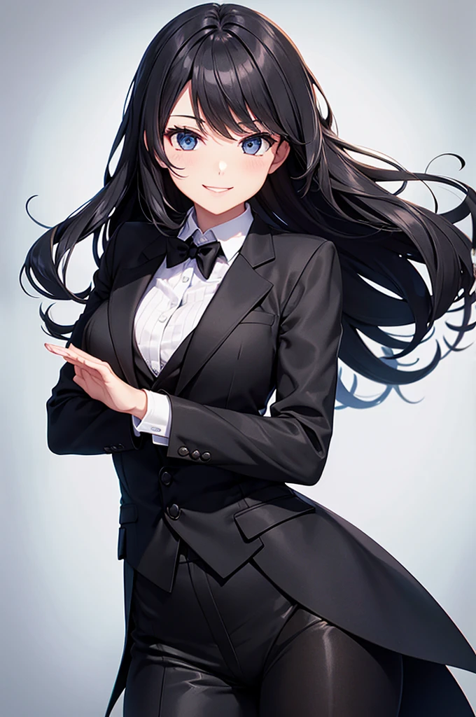 A woman in a black suit　　　tie　smile　Black gloves