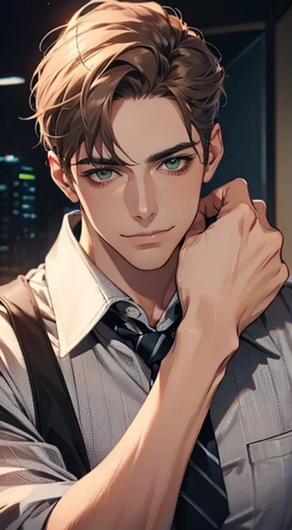 (Highest quality,4K,8K,High resolution,masterpiece:1.2),Super detailed,(Realistic,photoRealistic,photo-Realistic:1.37),1 personld,Mature Men,Beautiful skin、very handsome,Expressionless smile in love,Short gray brown hair,green eyes,Sharp Eyes,A perfect face without a doubt,Businessman, CEO, Office Background,Cinema Lighting,HDR image,tie、