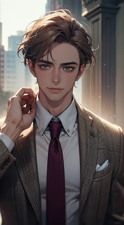 (Highest quality,4K,8K,High resolution,masterpiece:1.2),Super detailed,(Realistic,photoRealistic,photo-Realistic:1.37),1 personld,Mature Men,Beautiful skin、very handsome,Expressionless smile in love,Short gray brown hair,green eyes,Sharp Eyes,A perfect face without a doubt,Businessman, CEO, Office Background,Cinema Lighting,HDR image,tie、