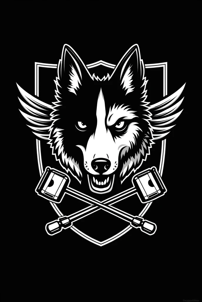 I need a coat of arms for a motorcycle club in black and white with a white border colie dog with only the right ear black(but not up to the eye) and angry in the middle but only his bust, with small wings coming out from behind him on the sides, and two crossed pistons coming out of the bottom of the dog&#39;s head