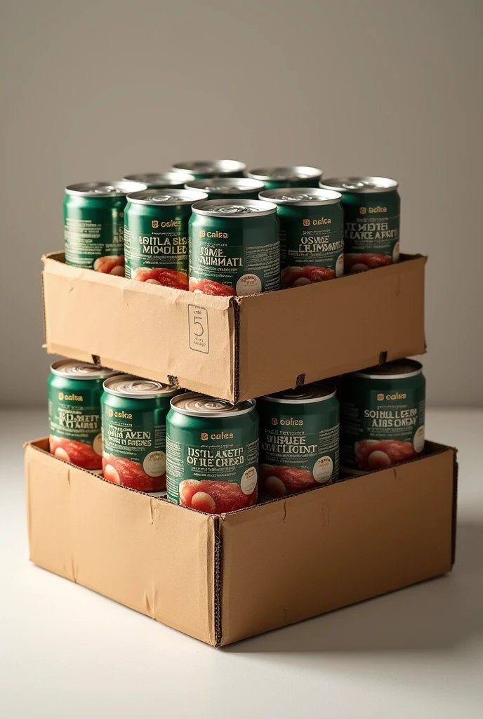 A cardboard tray with 24 cans of 380 g net content stacked in 2 levels with 12 cans each