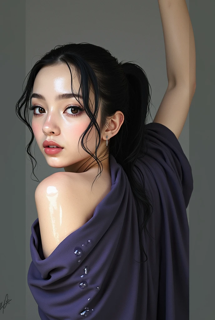 Woman in a revealing purple towel, wet shiny skin, pale skin, black hair, 2 indonesian, high short hair ponytail, view from behind, revealing her wet shiny white back, wet dripping back, looking at viewer, seductive face, looking at viewer, slender