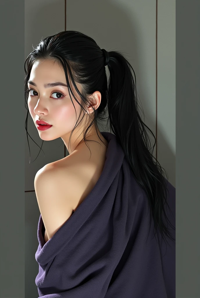 Woman in a revealing purple towel, wet shiny skin, pale skin, black hair, 2 indonesian, high short hair ponytail, view from behind, revealing her wet shiny white back, wet dripping back, looking at viewer, seductive face, looking at viewer, slender