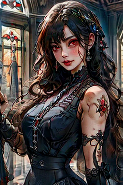 Perfect face. Perfect hands. A brown haired woman with red eyes with an hourglass figure in a frilly Gothic dress is smiling while posing in front of a stained glass window in a Gothic castle