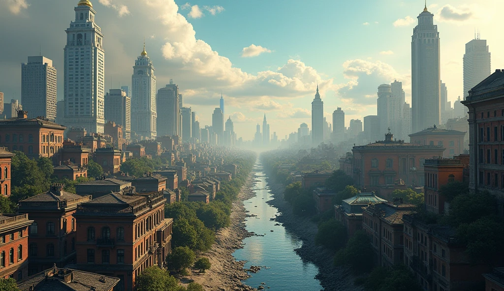 A city, On the right, a sector of tall and opulent buildings and on the left, a sector of poor and small houses without green areas without green areas. They are two sectors of a city that represent social inequality. The two sectors are seen on the same plane side by side..
