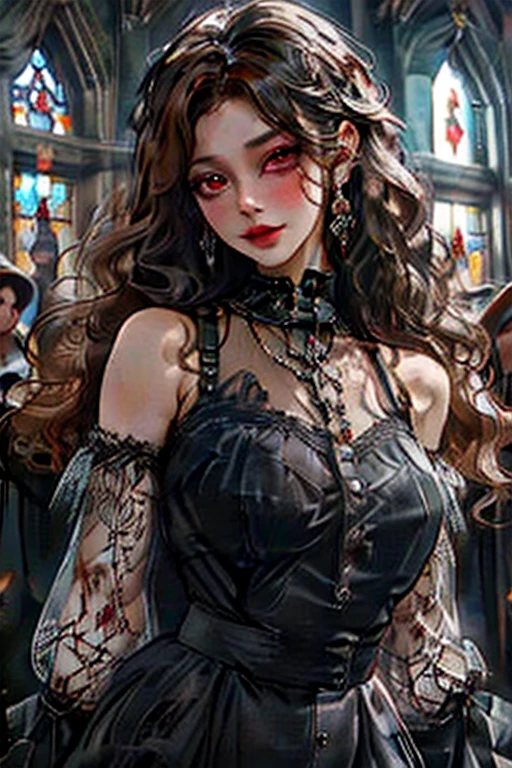 Perfect face. Perfect hands. A brown haired woman with red eyes with an hourglass figure in a frilly Gothic dress is smiling while posing in front of a stained glass window in a Gothic castle