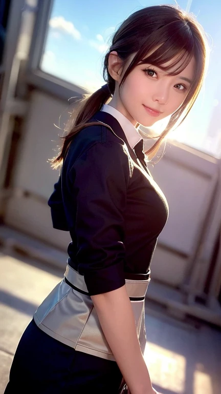 (Highest quality,masterpiece:1.3,Ultra-high resolution),(Very detailed,Caustics,8k),(Realistic:1.4,RAW shooting),1 person,(Smiling and looking down at the camera),(Front shot:1.1),(Look forward),18-year-old,cute,Japanese,Black short ponytail,school uniform,glamorous( close),(breast focus),street,sunlight,Natural light,(Backlight),(A bright light shines from behind),(Lens flare),Professional Writing,(Cowboy Shot),(Low position:1.3),(Low Angle:1.3)