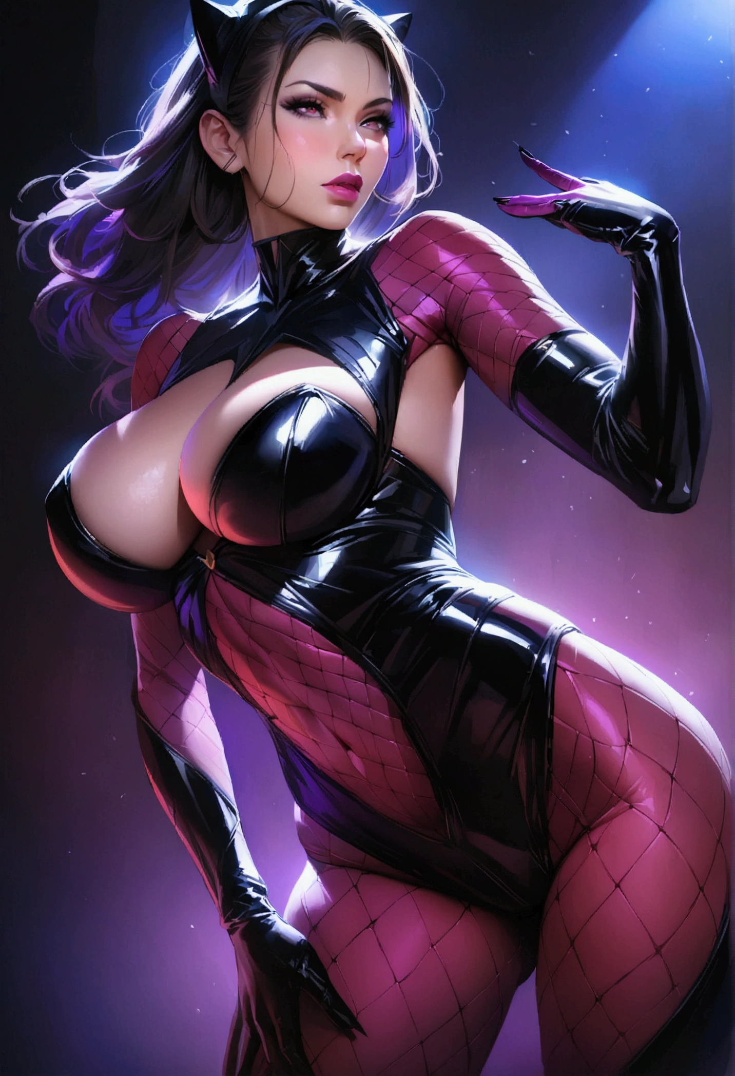 A highly detailed, COMIC Catwoman from DC Comics with exaggerated, large breasts, incredibly detailed skin and eyes, seductive poses, 8K resolution, masterpiece, ultra-detailed, realistic, vivid colors, dramatic lighting, cinematic composition