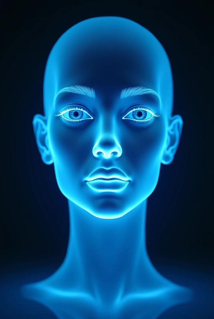Hyper realistic hologram of a person's face in blue color
