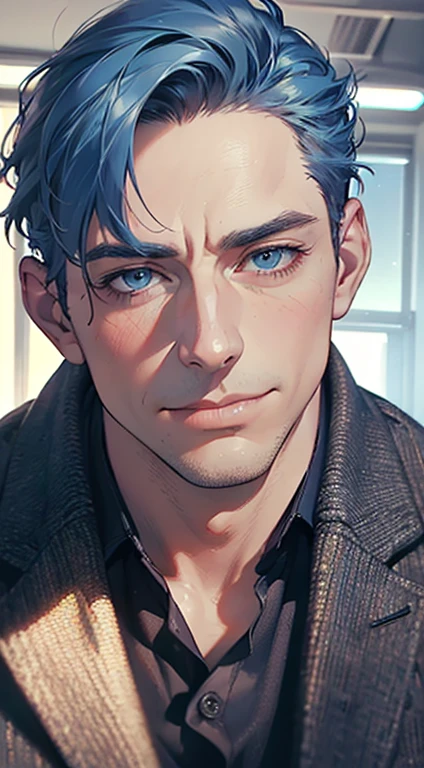 (best quality,4k,8k,highres,masterpiece:1.2),ultra-detailed,(realistic,photorealistic,photo-realistic:1.37),1 man,3,mature man,very handsome,without expression,smile,short blue hair,blue eyes,penetrating gaze,perfect face without errors,imposing posture,businessman,office background,cinematic lighting,hdr image