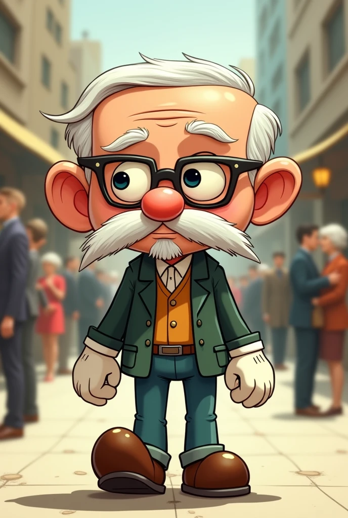 man old, large rectangular head, short wavy white hair and bald spot on top of head, wearing square glasses with rounded corners, walking at the 3 quarter angle, 1930s style rubber hose, rubbery arms, white gloves rounded fingers, big shoe, smiling, round cheeks, long beard, blunt mustache, drawn with black outline like cuphead. SOCIAL CLOTHES, small and slightly pointy nose. a little bit quietly, eyes deeper and more open.
