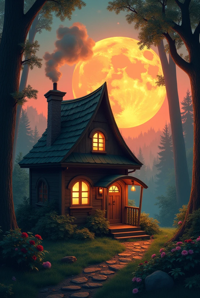 Retro Images,Storytelling,Forest House,Tree frogs live here,Ultra-realistic,high resolution,背景は三角屋根のレトロなForest House,There is a chimney on the left side of the roof.,Smoke is rising from the chimney,Sunset in the background,The big full moon is beautiful,Light leaks through the window,looks fun