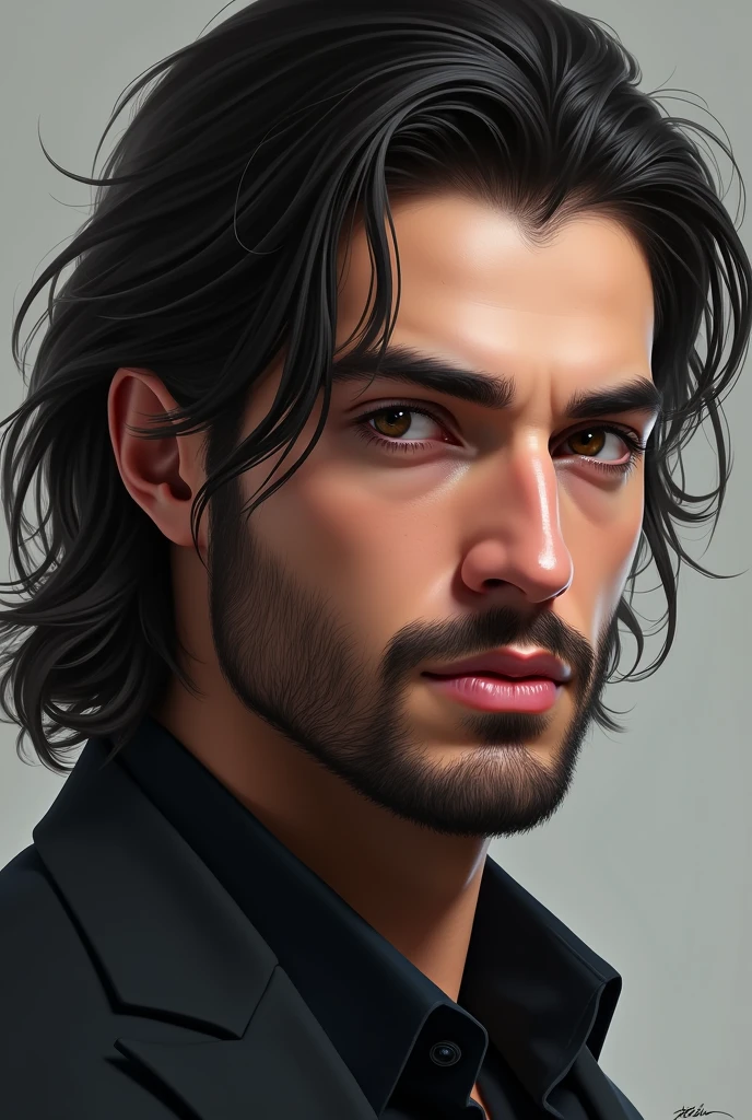 Create an image of a handsome young man with black hair, long and straight and beard with beautiful hairs in the gradient
