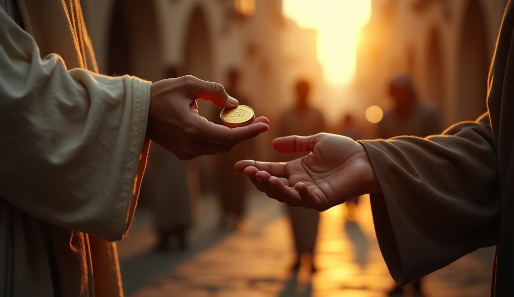 Create a hyper-realistic and mysterious image of a male hand, dressed in a simple linen tunic, discreetly placing a gold coin in a beggar's hand. The beggar's hand, wrinkled and dirty, holds the coin with reverence and surprise. Ao fundo, softly blurred, there is a busy street, with other people passing by and some observing the scene with curiosity. The golden light of the setting sun illuminates the hands, creating a dramatic focus on the exchange, and symbolizing that generosity, even in simple gestures, creates a lasting impact and returns to the giver in unexpected ways.