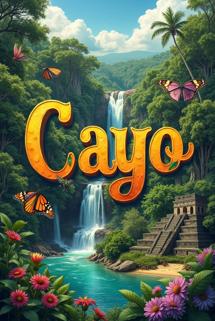 Generate images of Cayo Belize like , Oxmul Coffee, Butterfly Farms, Poustina Land Art Park, 1,000 Foot Fall, Xunantunich put the name Cayo in the middle of the collage 