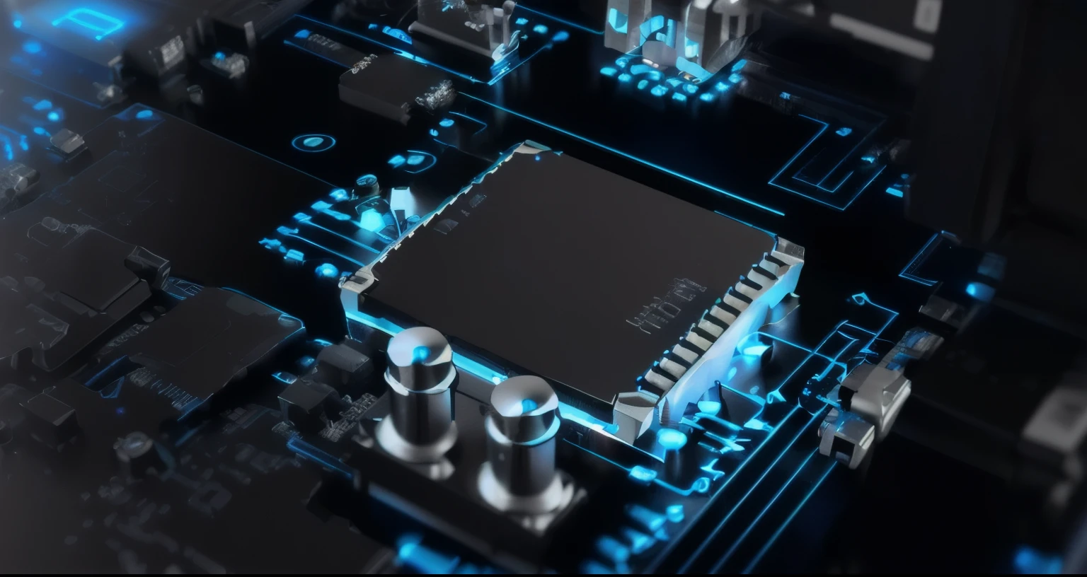 A close-up of a computer motherboard,With blue light, integrated circuit, Electronic components, Neuromorphic Chips, Microchip, electronic circuit, Computer chips, Computer rendering, depicted as a 3 d render, 8k render, 3D Rendering, Circuit Board, Microchip, Circuit Board processor, a Rendering