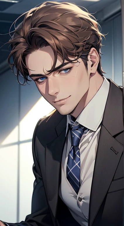 (best quality,4k,8k,highres,masterpiece:1.2),ultra-detailed,(realistic,photorealistic,photo-realistic:1.37),1 man,3,mature man,very handsome,without expression,smile,short grey brown hair,blue eyes,penetrating gaze,perfect face without errors,imposing posture,businessman,office background,cinematic lighting,hdr image